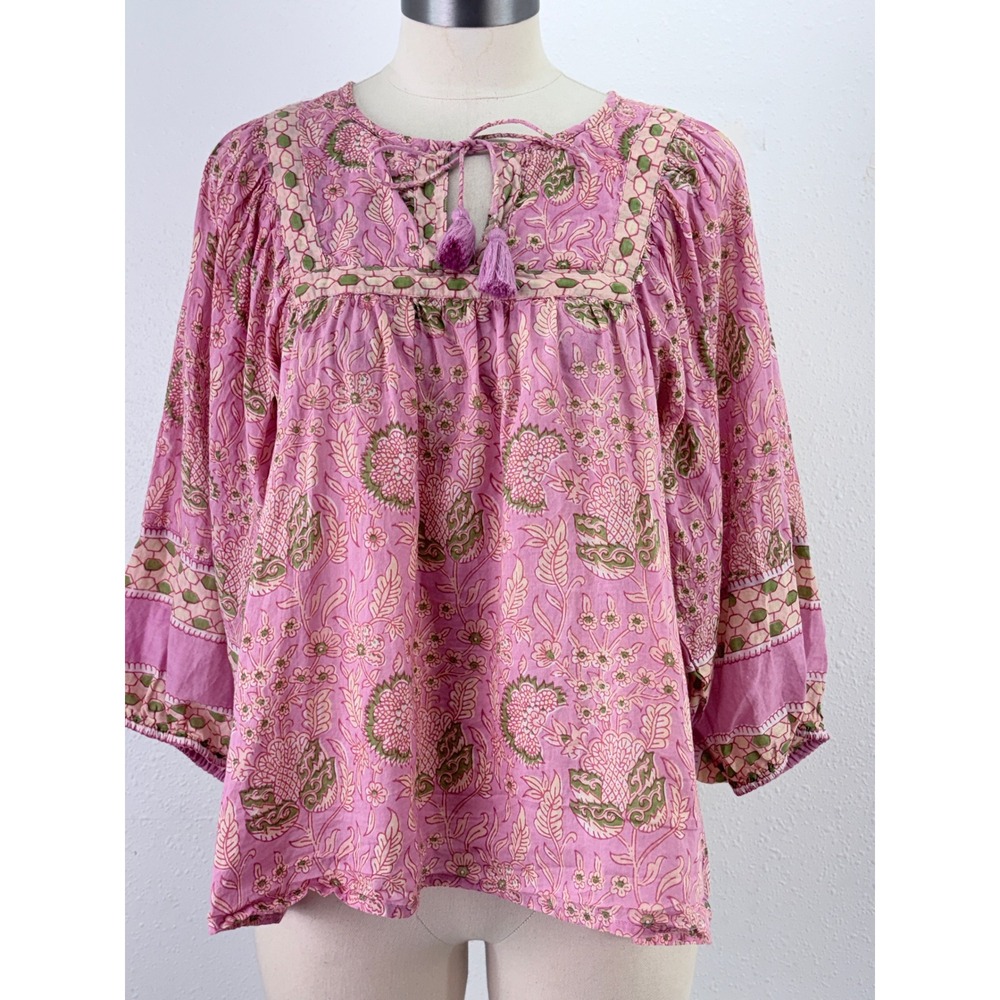 Cleobella Blouse Pink Floral Woodblock Print Tassel Boho Babydoll Medium
